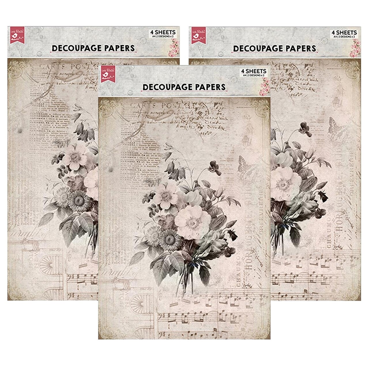 Pack of 3 - Little Birdie Decoupage Paper A4 4/Pkg-Melody Blooms